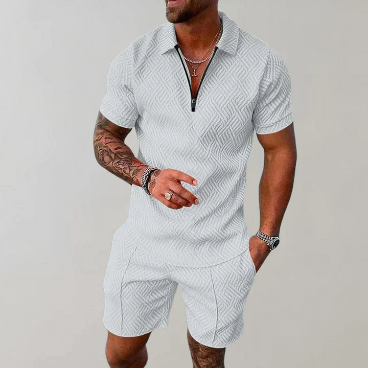Heren Tweedelige Set - Poloshirt met Ritssluiting en Shorts met Textuur