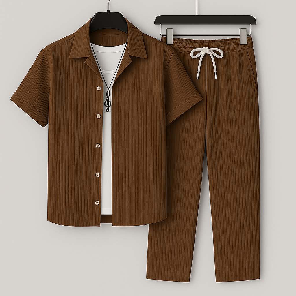 Heren Tweedelige Set - Shirt met Korte Mouwen en Broek met Geribde Textuur