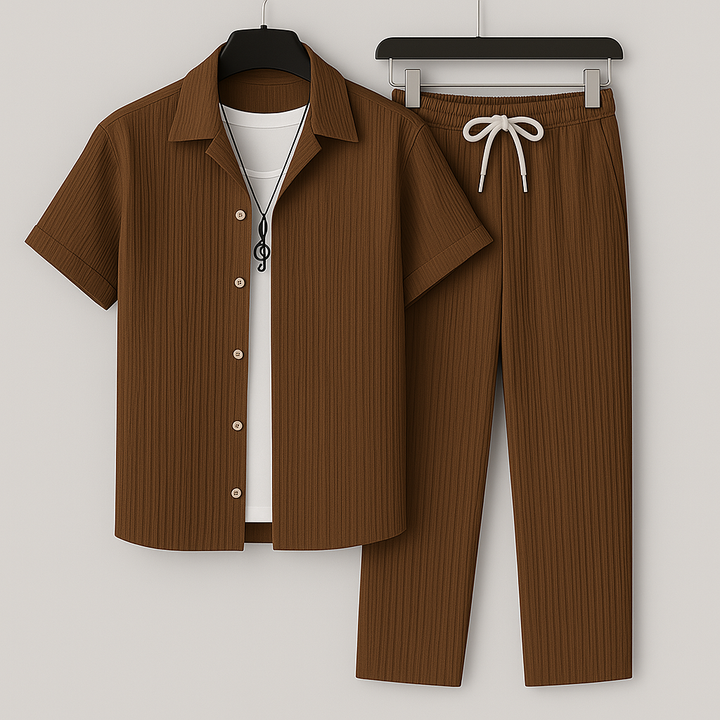 Heren Tweedelige Set - Shirt met Korte Mouwen en Broek met Geribde Textuur