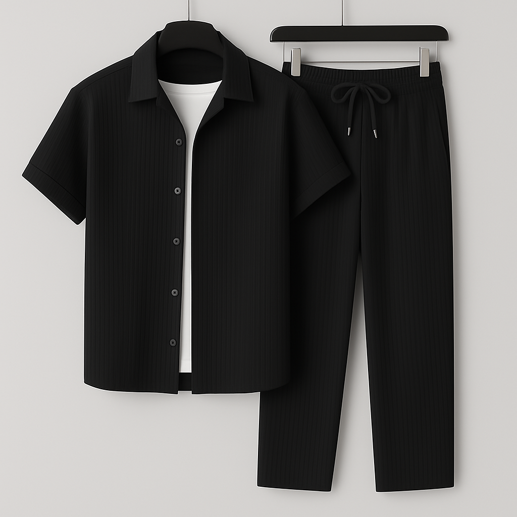 Heren Tweedelige Set - Shirt met Korte Mouwen en Broek met Geribde Textuur