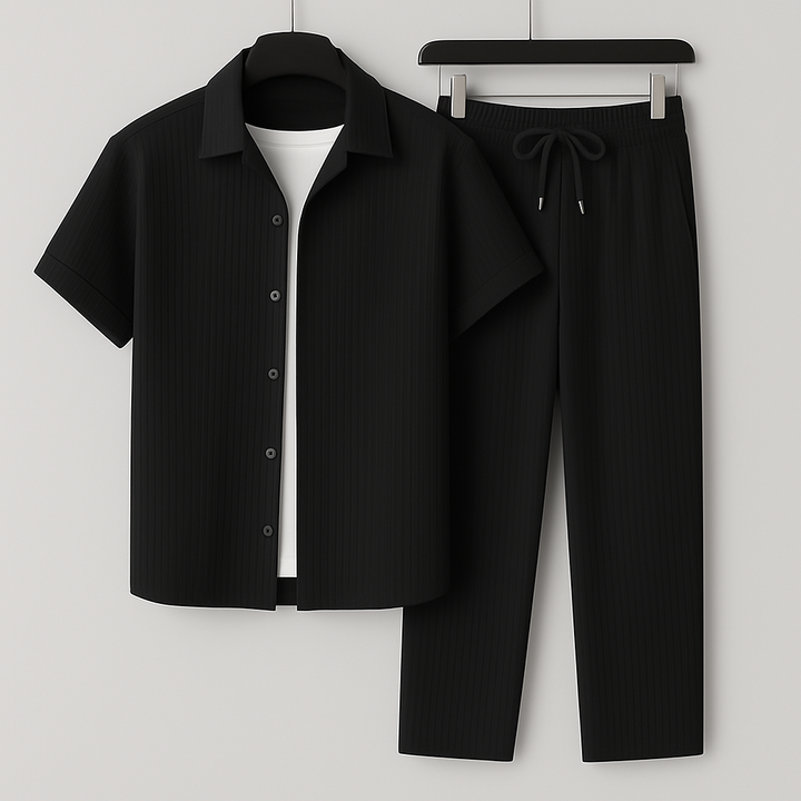 Heren Tweedelige Set - Shirt met Korte Mouwen en Broek met Geribde Textuur