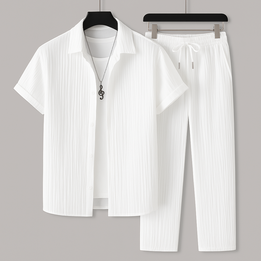 Heren Tweedelige Set - Shirt met Korte Mouwen en Broek met Geribde Textuur