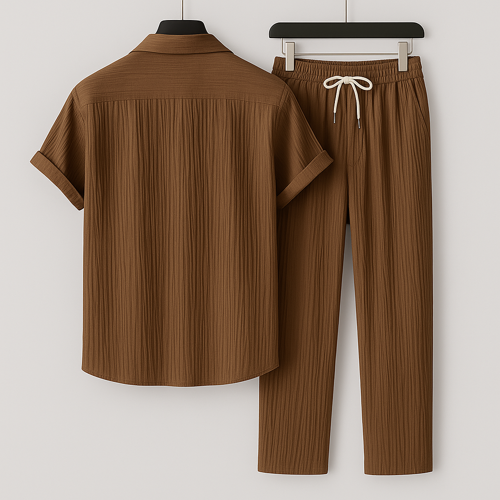 Heren Tweedelige Set - Shirt met Korte Mouwen en Broek met Geribde Textuur