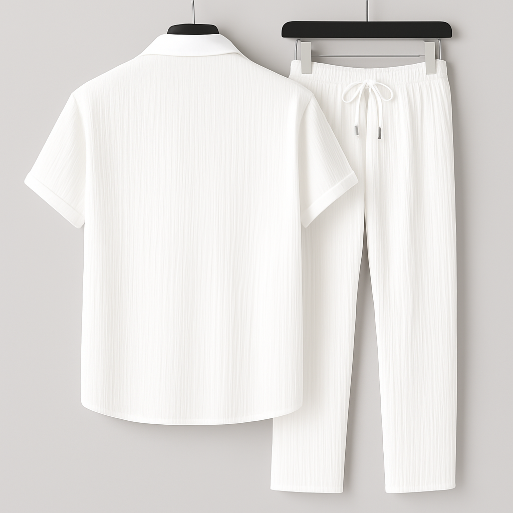 Heren Tweedelige Set - Shirt met Korte Mouwen en Broek met Geribde Textuur