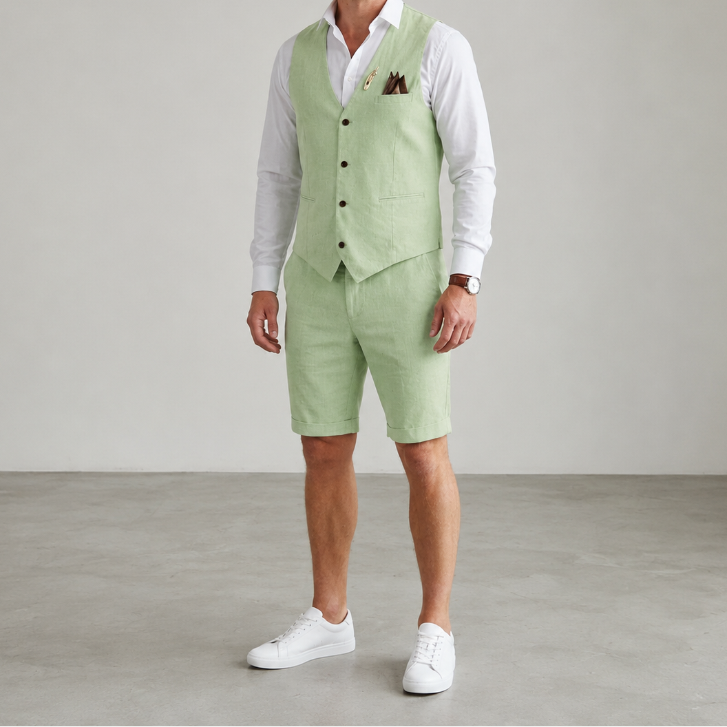 Heren Tweedelige Set met Gilet en Shorts - Gilet met V-Hals en Knoopsluiting