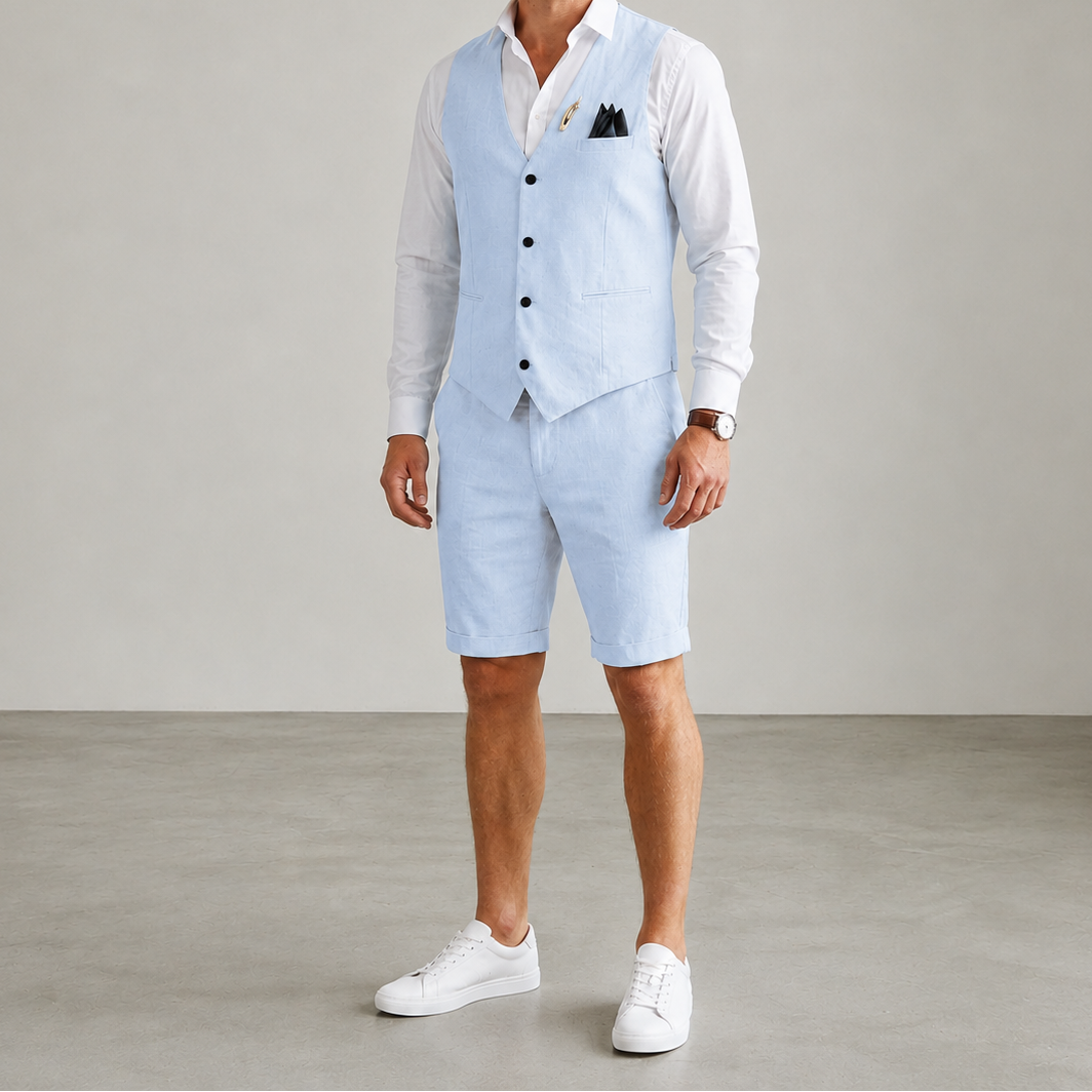 Heren Tweedelige Set met Gilet en Shorts - Gilet met V-Hals en Knoopsluiting