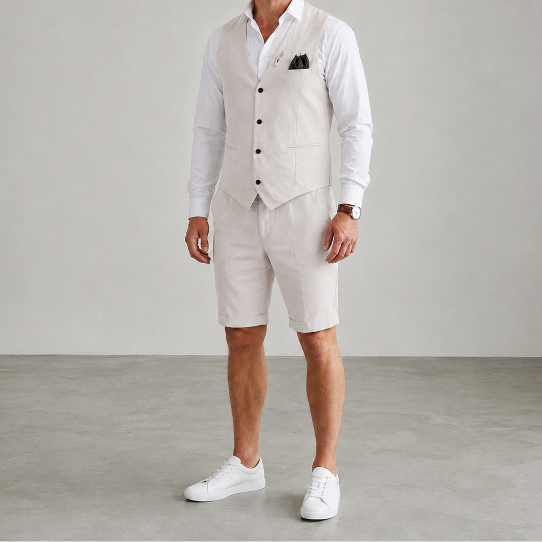 Heren Tweedelige Set met Gilet en Shorts - Gilet met V-Hals en Knoopsluiting