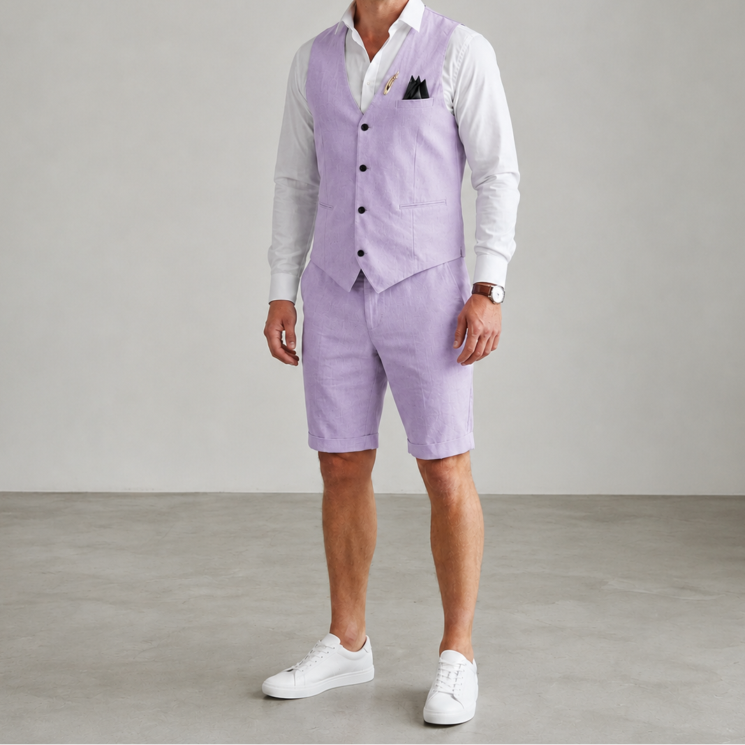 Heren Tweedelige Set met Gilet en Shorts - Gilet met V-Hals en Knoopsluiting