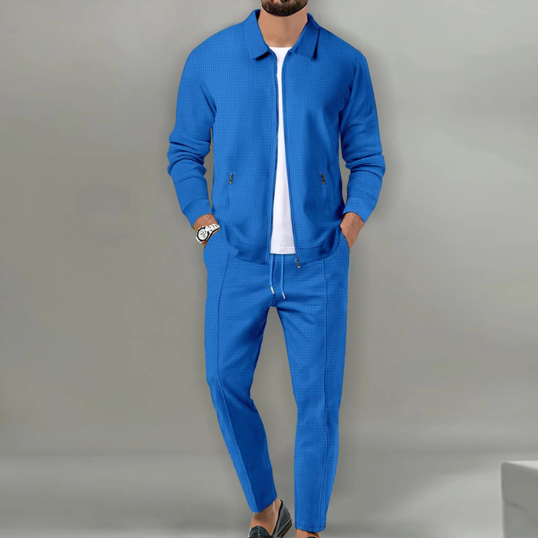Heren Tweedelige Wafelstructuur Set - Jack met Ritssluiting en Broek met Trekkoord