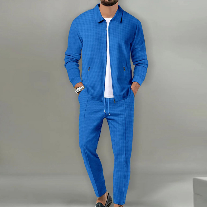 Heren Tweedelige Wafelstructuur Set - Jack met Ritssluiting en Broek met Trekkoord