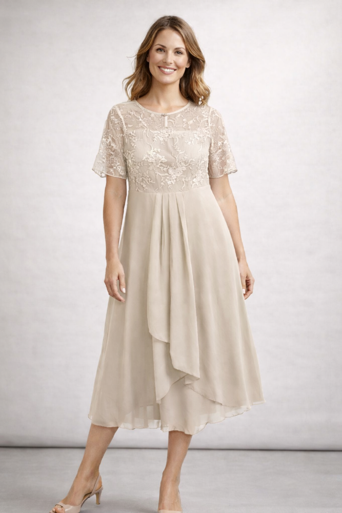 Midi Jurk met Bloemenkant en Chiffon Rok