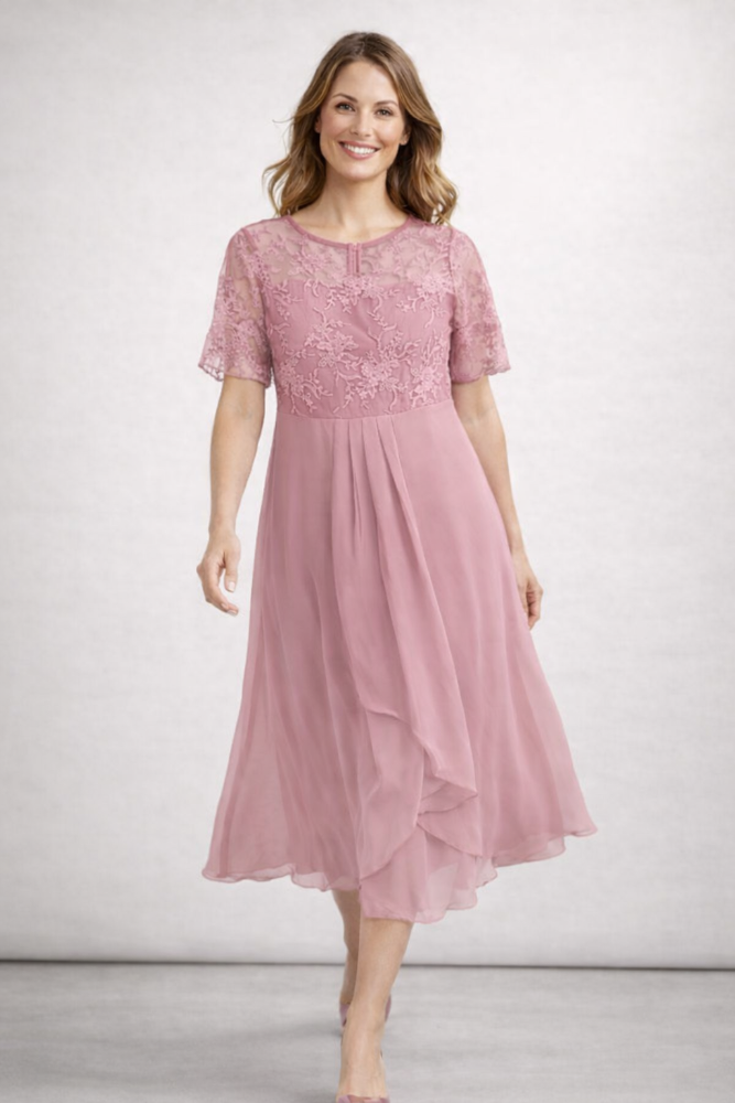 Midi Jurk met Bloemenkant en Chiffon Rok