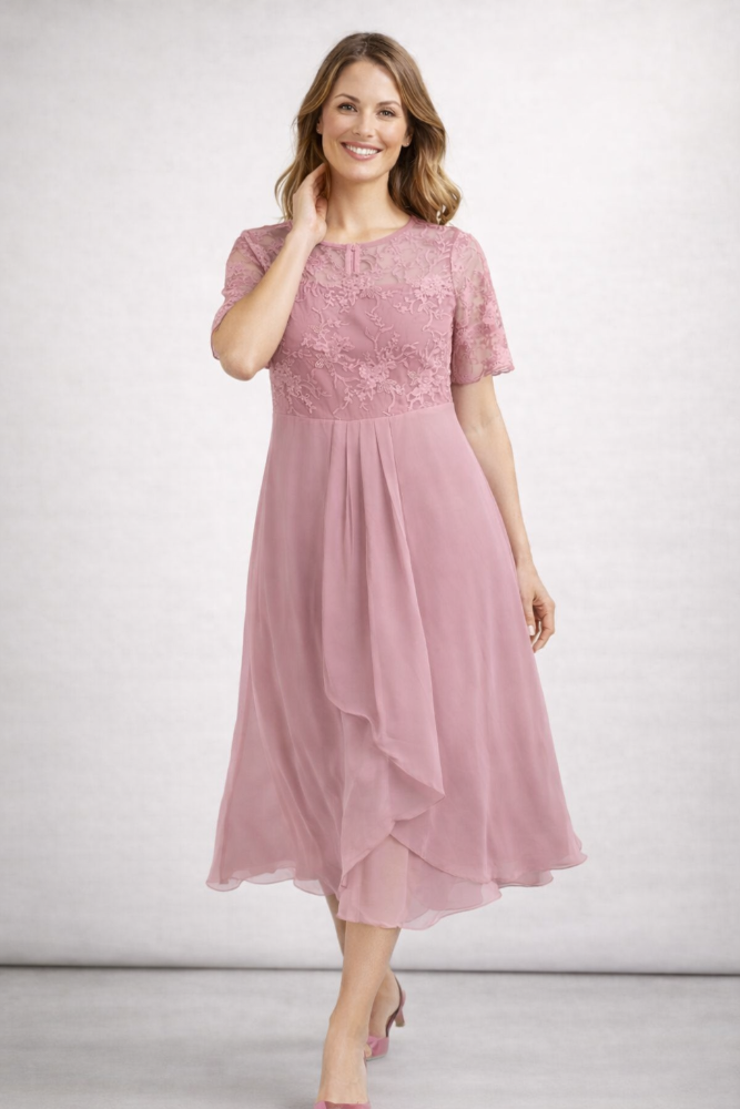 Midi Jurk met Bloemenkant en Chiffon Rok