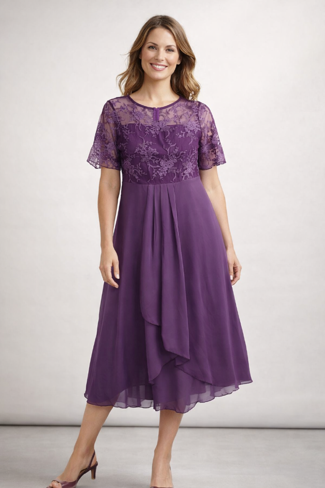 Midi Jurk met Bloemenkant en Chiffon Rok