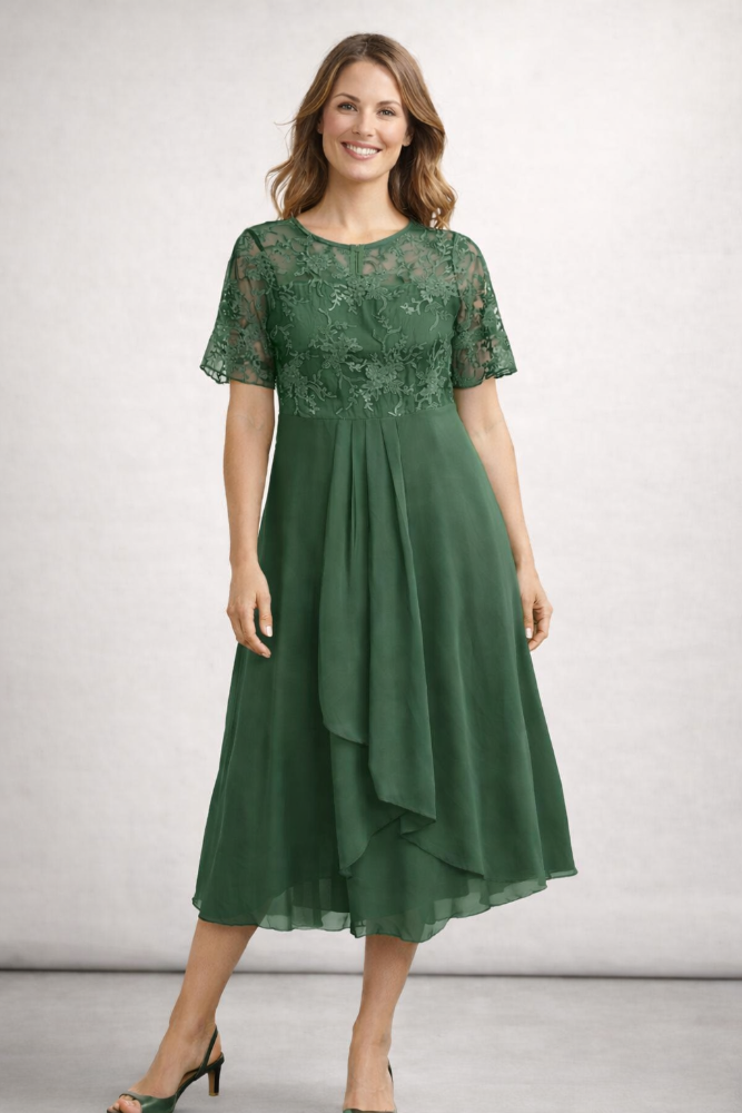 Midi Jurk met Bloemenkant en Chiffon Rok