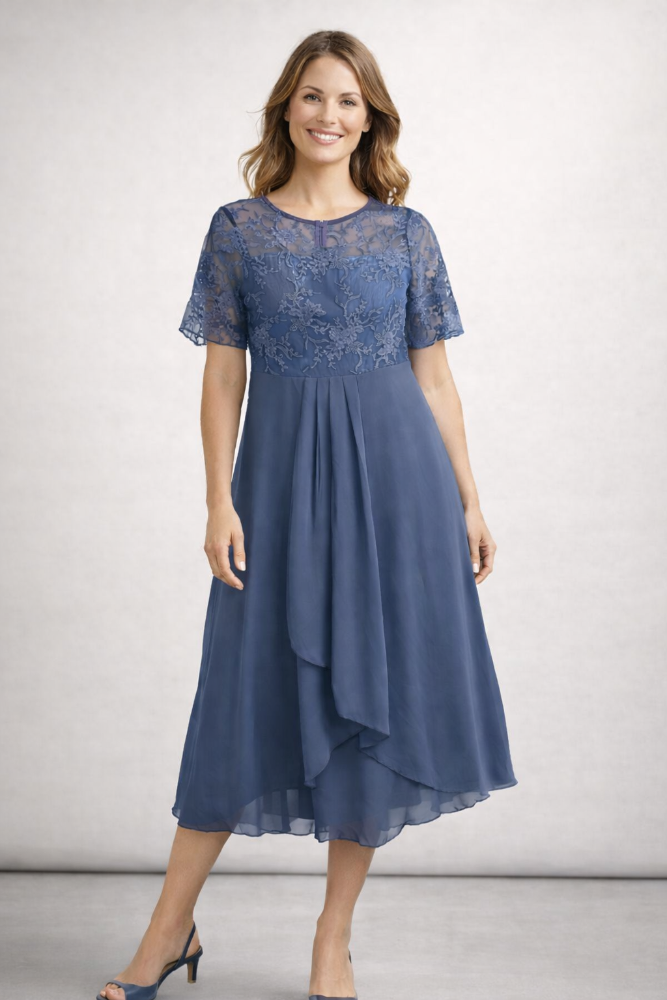 Midi Jurk met Bloemenkant en Chiffon Rok