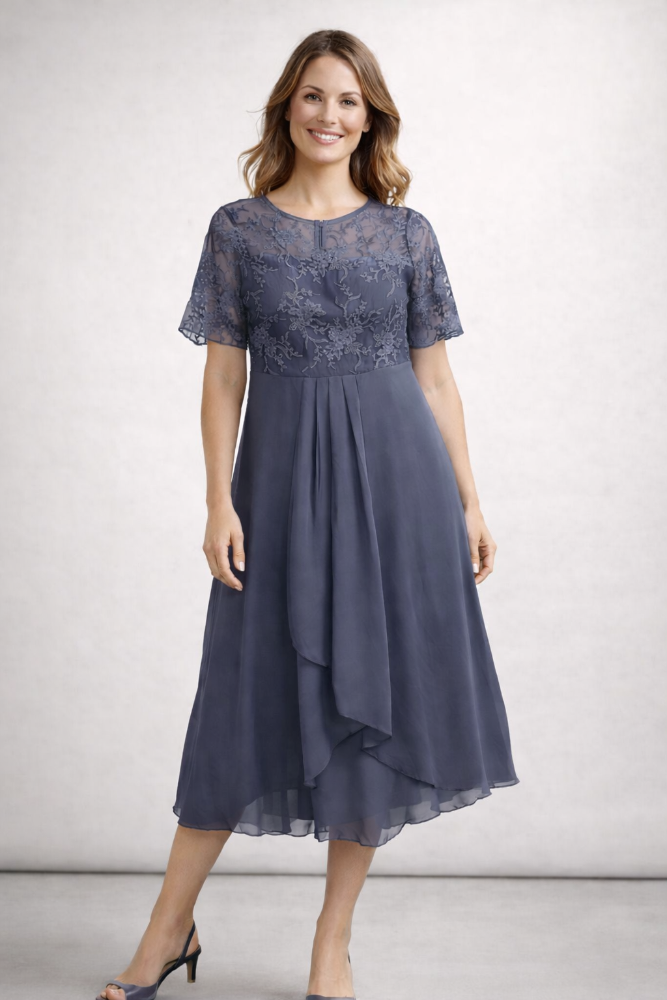 Midi Jurk met Bloemenkant en Chiffon Rok