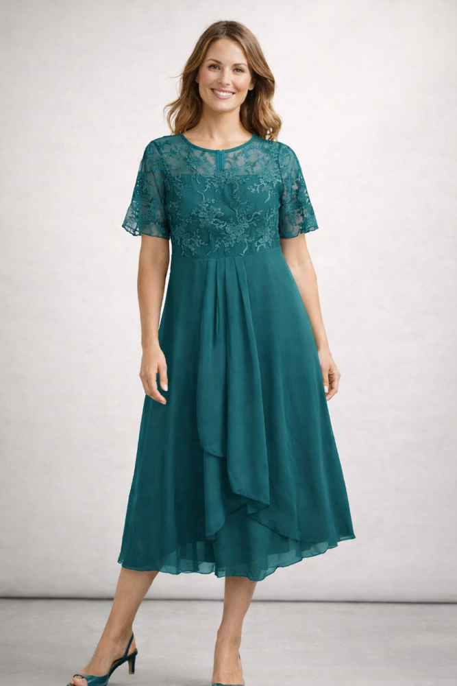 Midi Jurk met Bloemenkant en Chiffon Rok