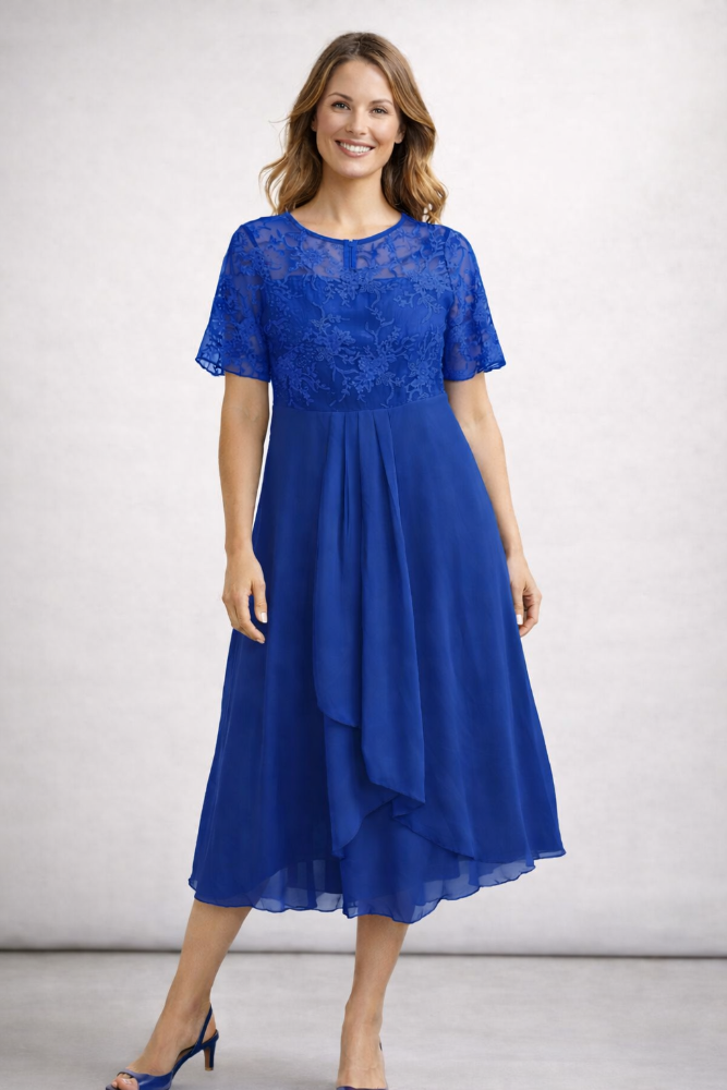 Midi Jurk met Bloemenkant en Chiffon Rok