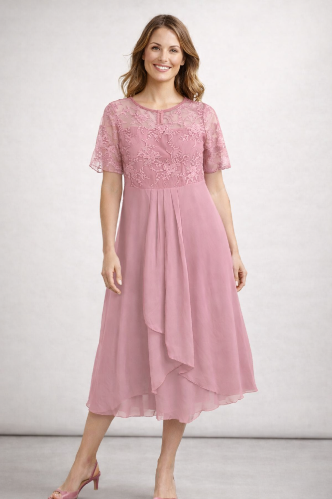 Midi Jurk met Bloemenkant en Chiffon Rok