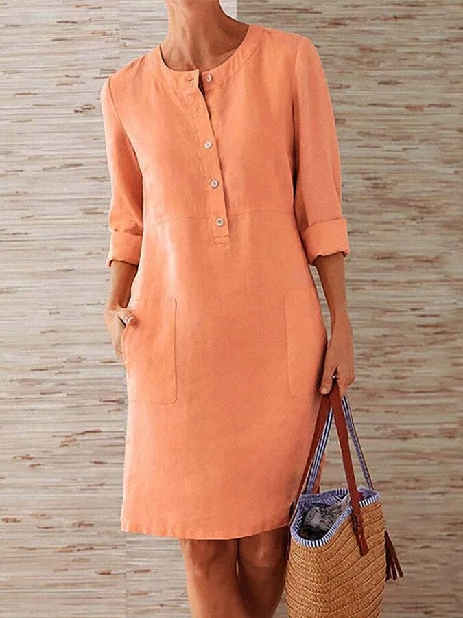 Minimalistische Jurk met Knoopsluiting en Driekwart mouwen - Midi dress