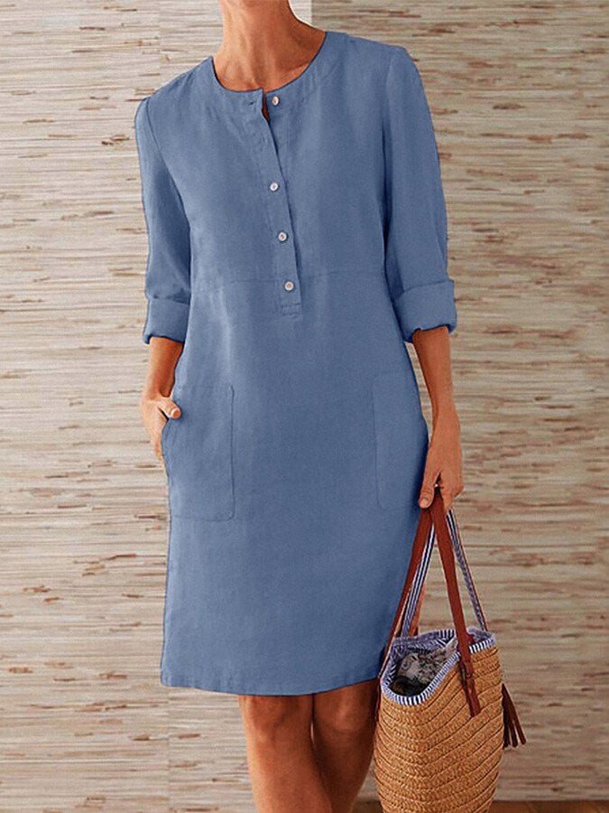 Minimalistische Jurk met Knoopsluiting en Driekwart mouwen - Midi dress