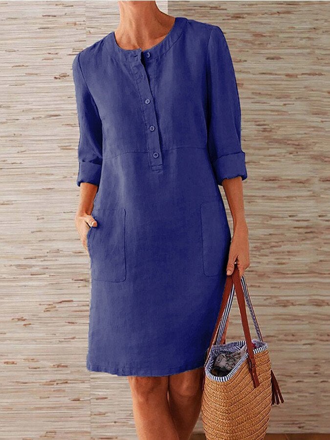 Minimalistische Jurk met Knoopsluiting en Driekwart mouwen - Midi dress