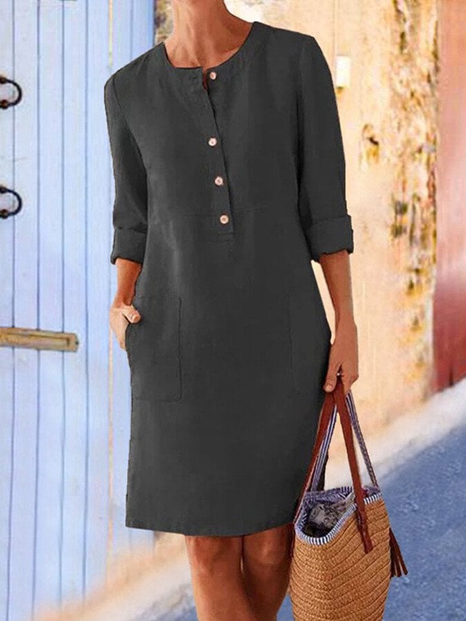 Minimalistische Jurk met Knoopsluiting en Driekwart mouwen - Midi dress