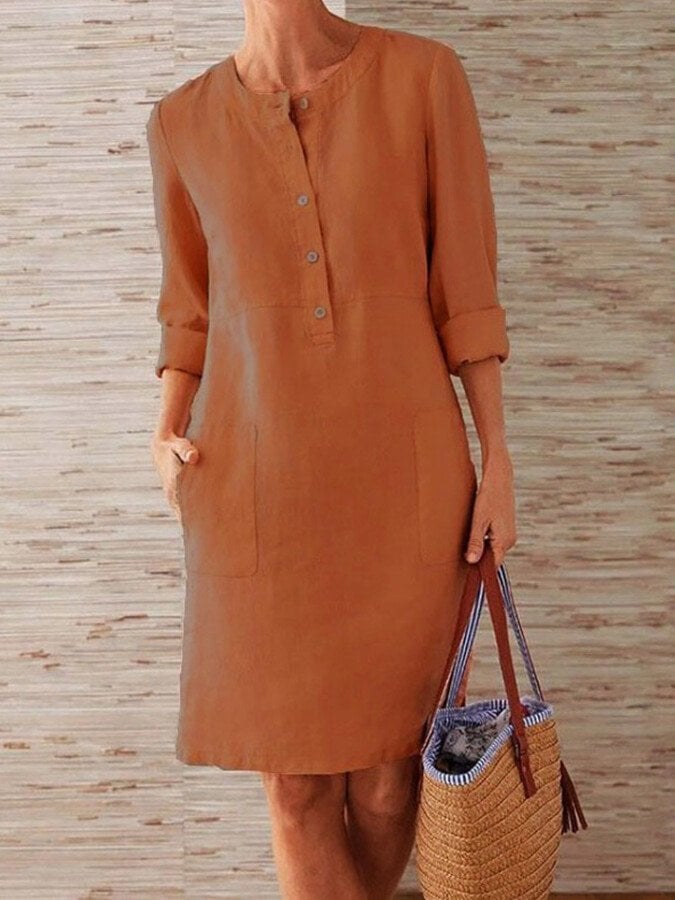 Minimalistische Jurk met Knoopsluiting en Driekwart mouwen - Midi dress