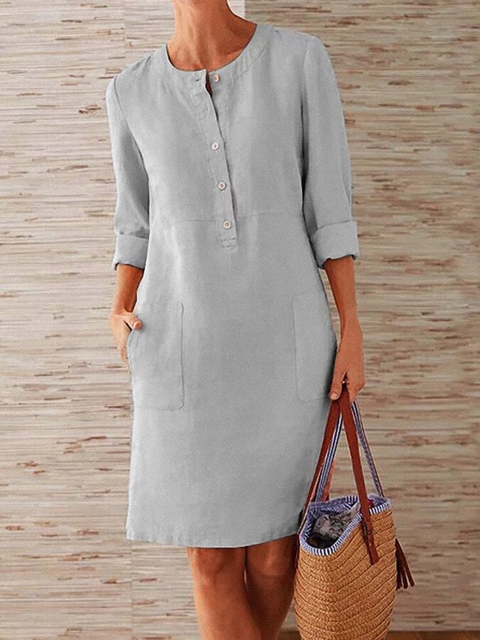 Minimalistische Jurk met Knoopsluiting en Driekwart mouwen - Midi dress