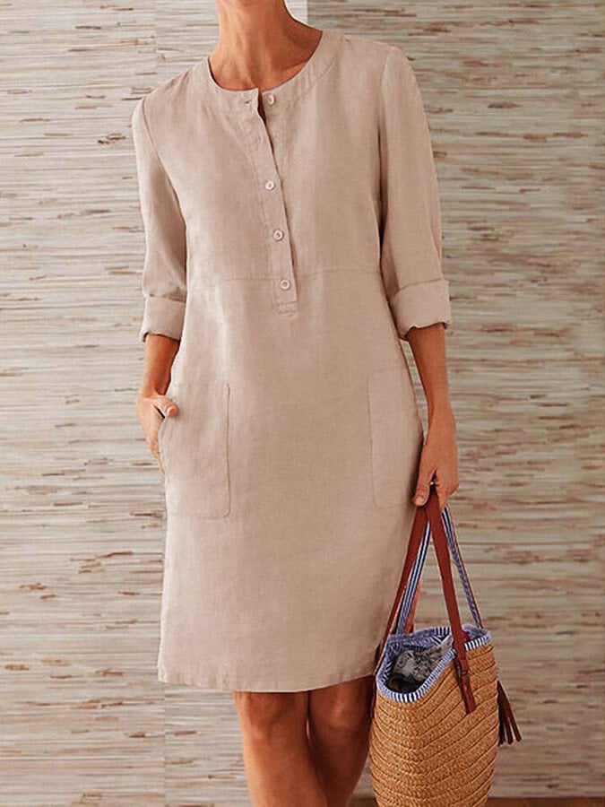 Minimalistische Jurk met Knoopsluiting en Driekwart mouwen - Midi dress