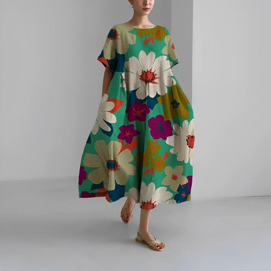 Oversized Maxi Jurk met Abstracte Bloemenprint en Korte Mouwen