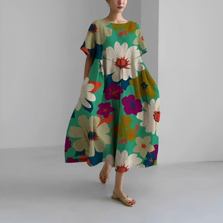 Oversized Maxi Jurk met Abstracte Bloemenprint en Korte Mouwen