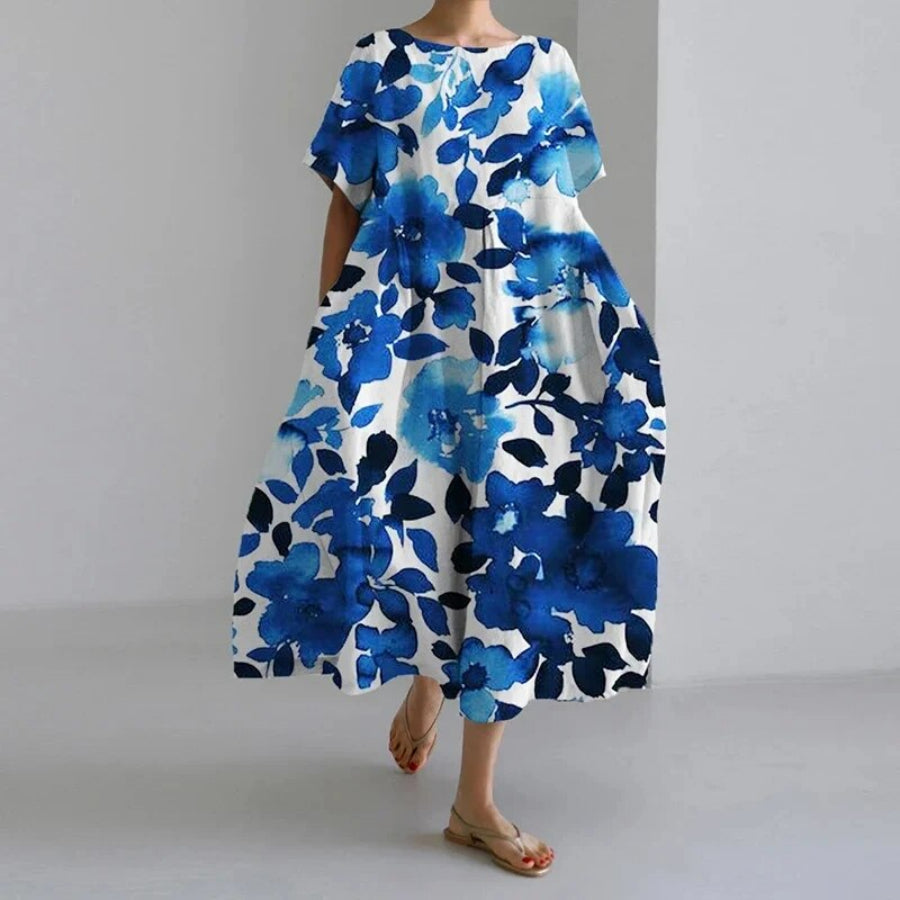 Oversized Maxi Jurk met Abstracte Bloemenprint en Korte Mouwen