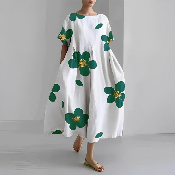 Oversized Maxi Jurk met Abstracte Bloemenprint en Korte Mouwen