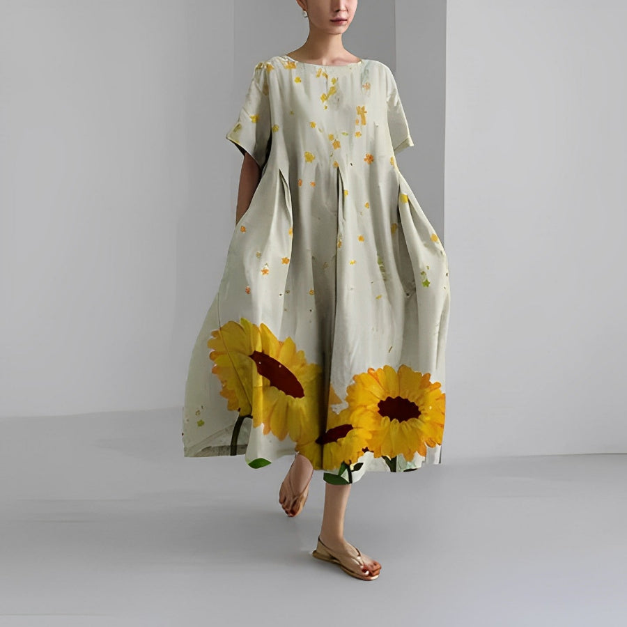 Oversized Maxi Jurk met Abstracte Bloemenprint en Korte Mouwen