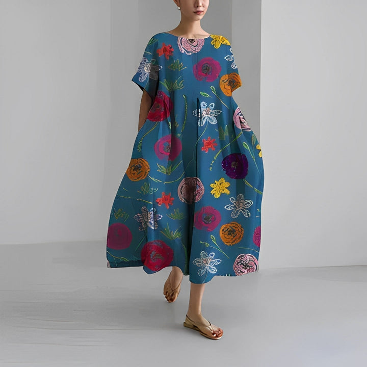 Oversized Maxi Jurk met Abstracte Bloemenprint en Korte Mouwen