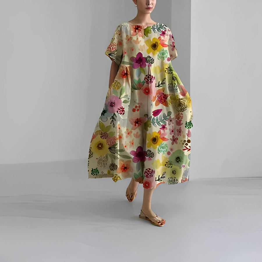 Oversized Maxi Jurk met Abstracte Bloemenprint en Korte Mouwen