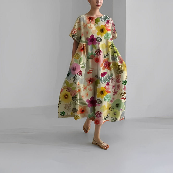 Oversized Maxi Jurk met Abstracte Bloemenprint en Korte Mouwen