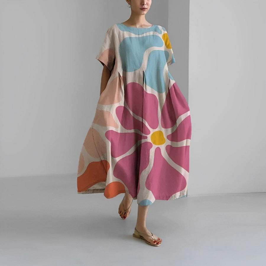 Oversized Maxi Jurk met Abstracte Bloemenprint en Korte Mouwen