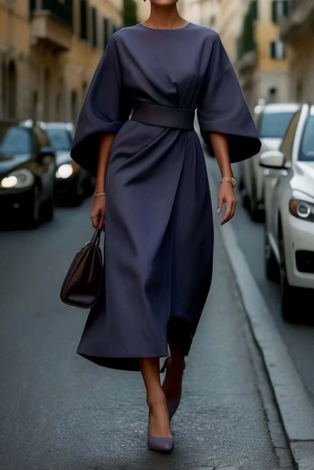 Vestido midi para mujer con cinturón - Cuello redondo y mangas anchas