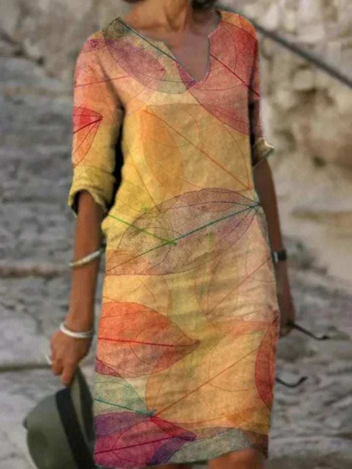 Stijlvolle Jurk met Botanische Print en V-hals - Midi