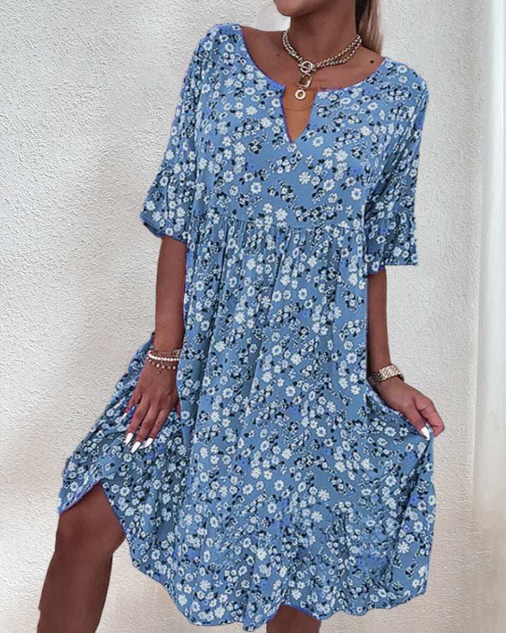 Zomerse Jurk met Bloemenprint en Korte Mouwen - Midi